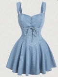 Light Blue Tie Front Flared Denim Dress