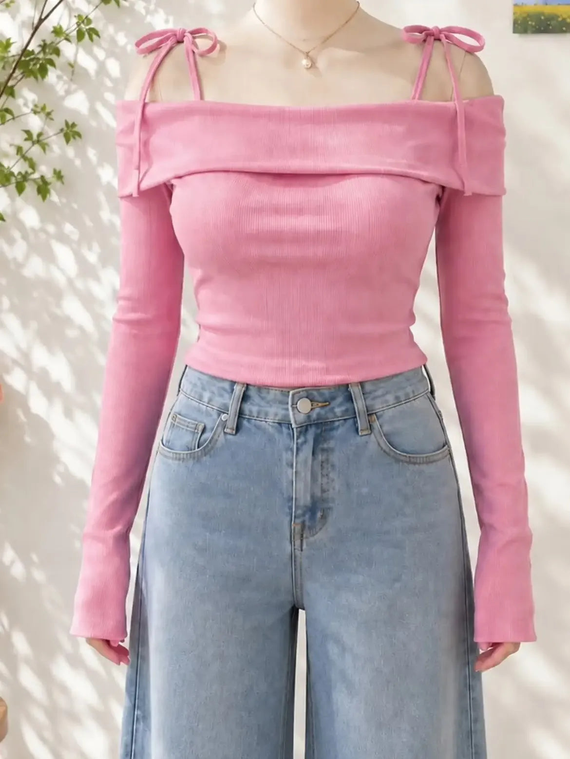 Pink Cold Shoulder Tie Strap Top