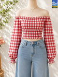 Red White Gingham Off Shoulder Crop Top