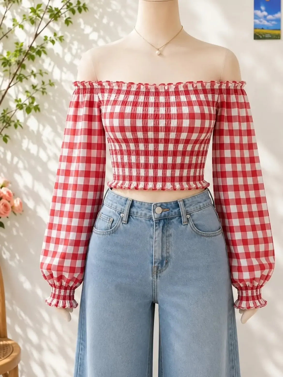 Red White Gingham Off Shoulder Crop Top
