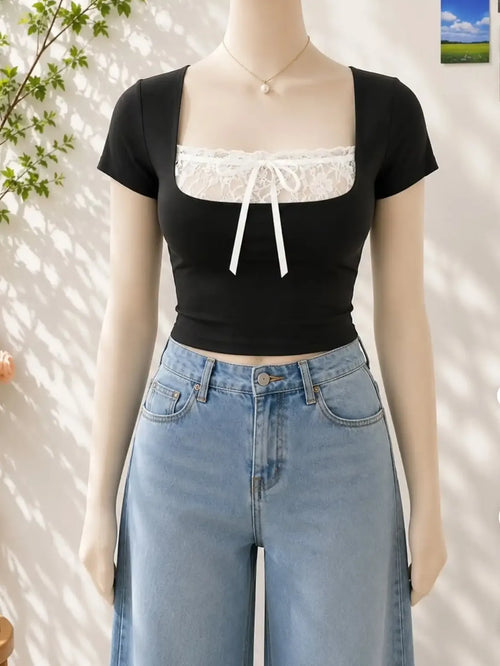 Black White Lace Panel Crop Top