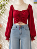 Red Ruched Tie Front Long Sleeve Crop Top