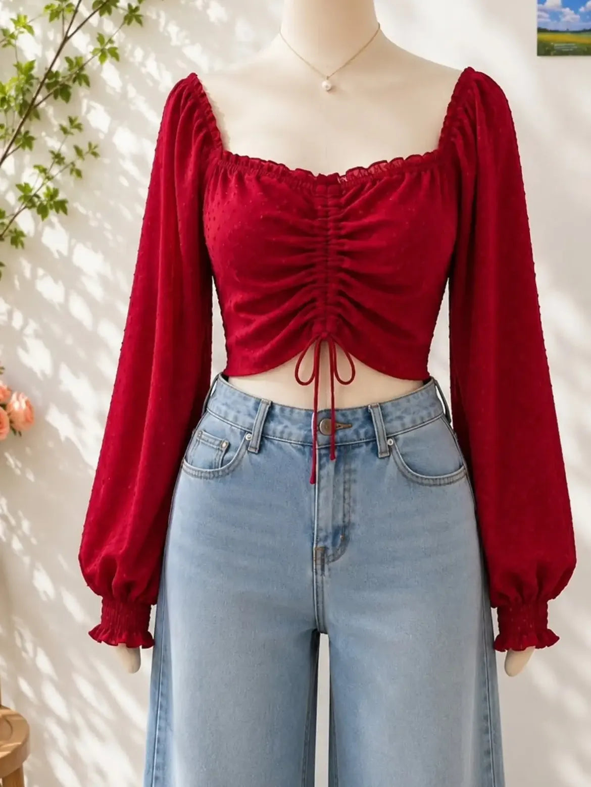 Red Ruched Tie Front Long Sleeve Crop Top