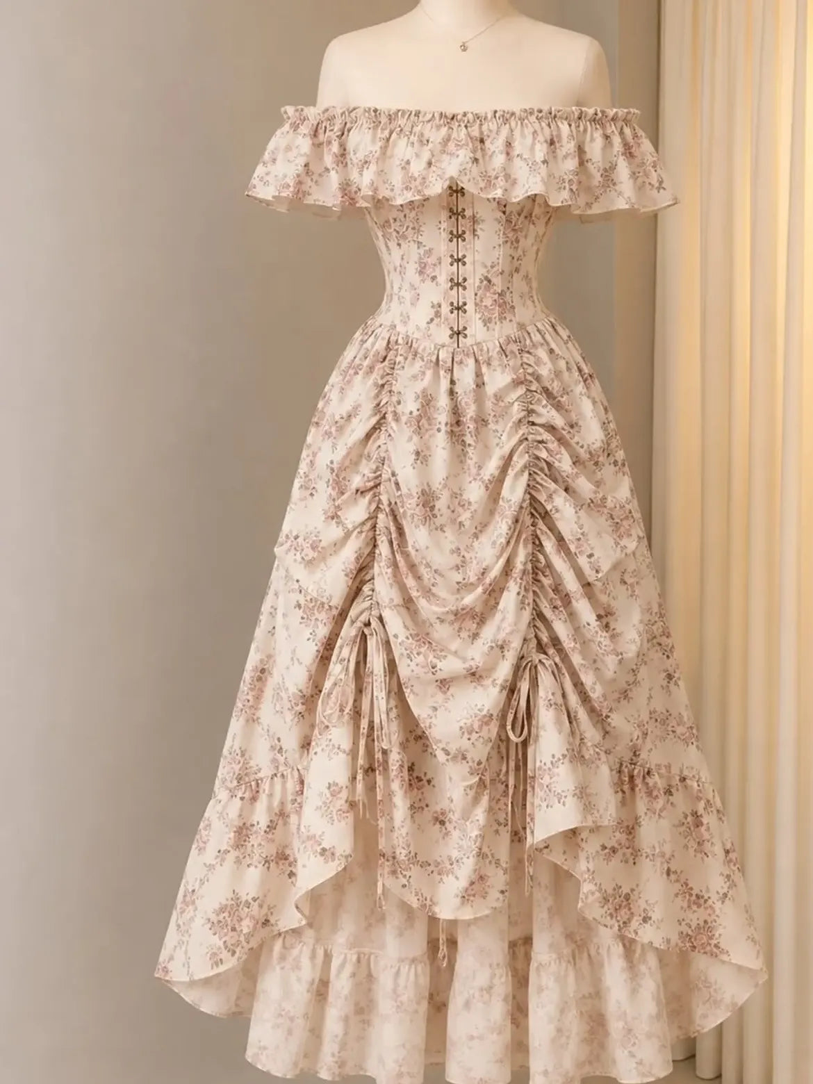 Cream Floral Off Shoulder Corset Dress