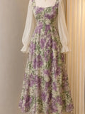Purple Floral Sheer Sleeve Maxi Dress