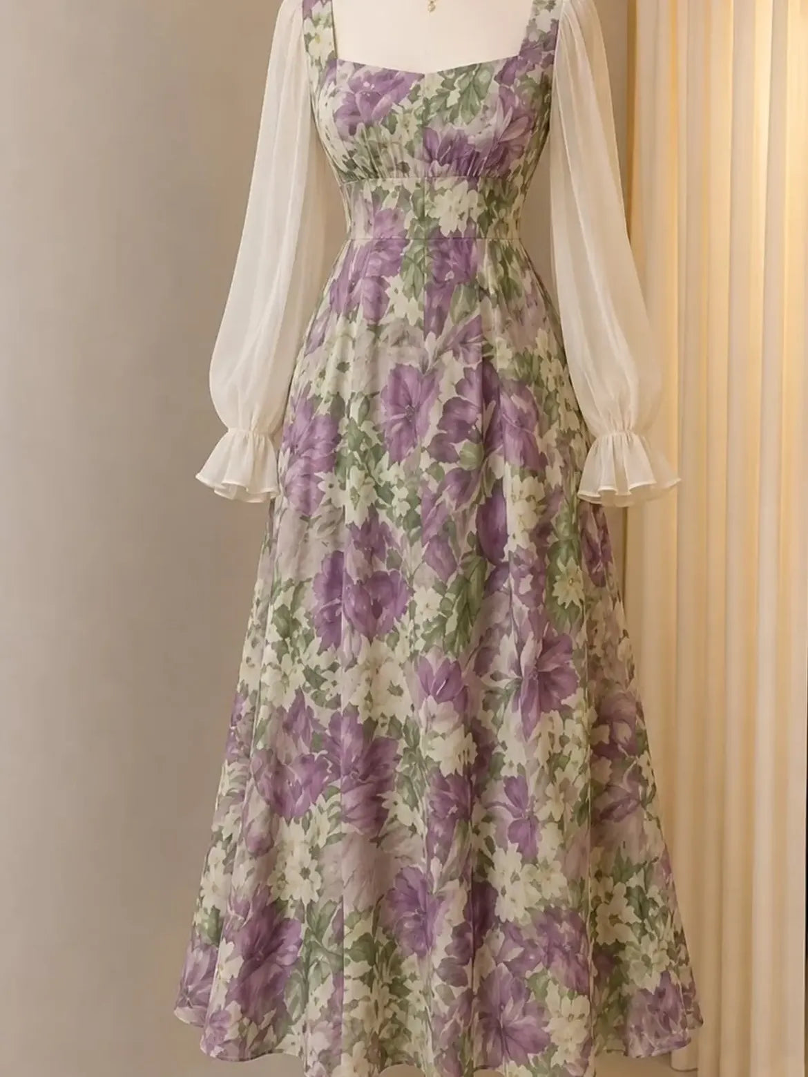 Purple Floral Sheer Sleeve Maxi Dress