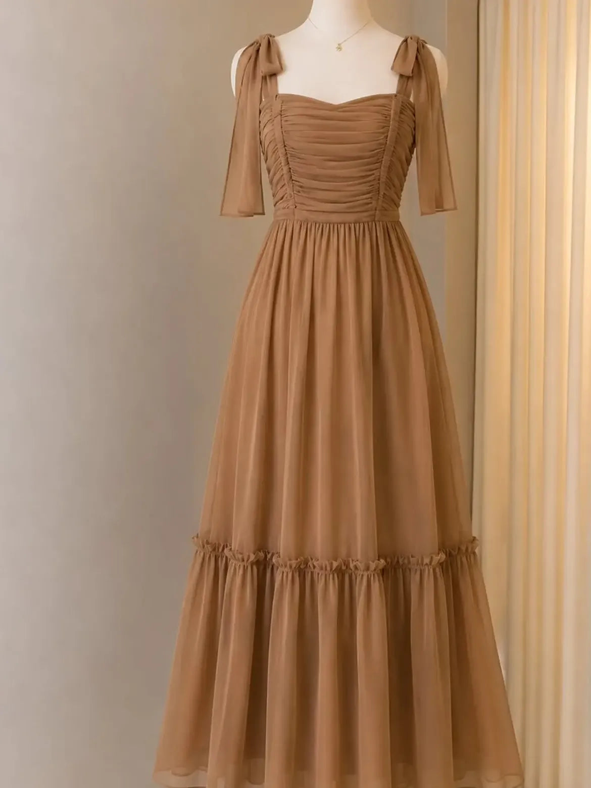 Caramel Ruched Tie Shoulder Maxi Dress