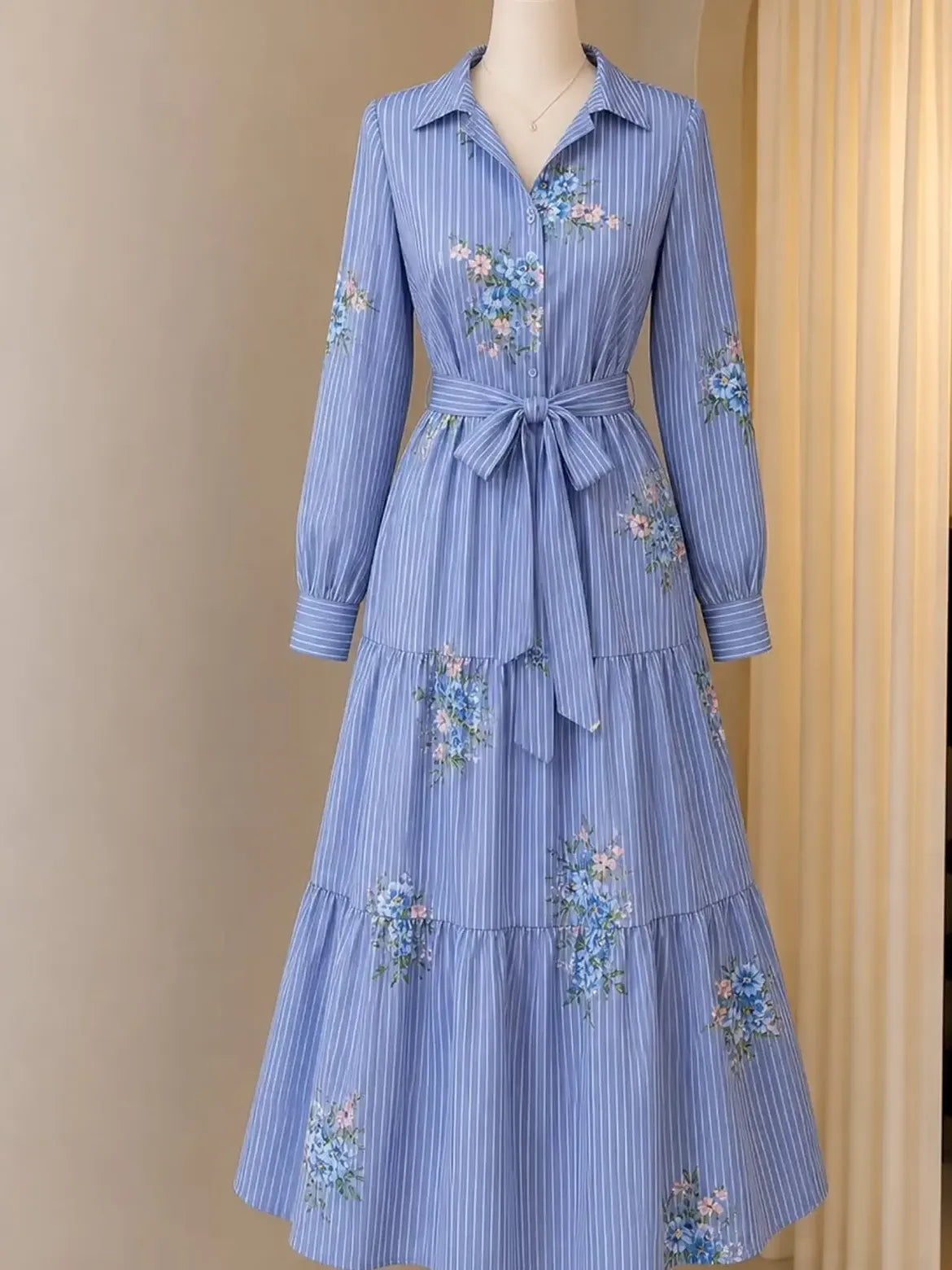 Blue Striped Floral Shirt Dress