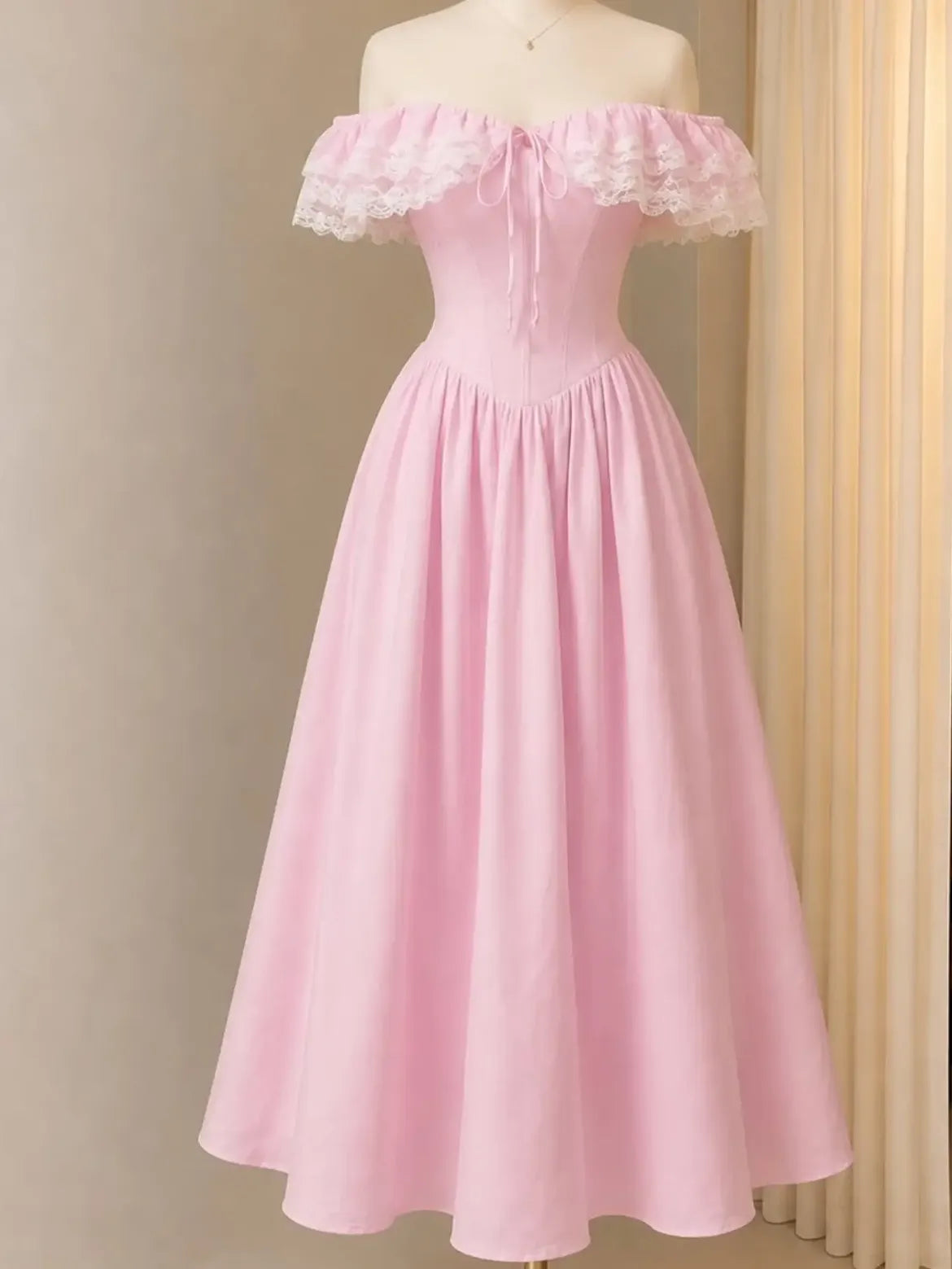 Pink Lace Off Shoulder Flared Dress