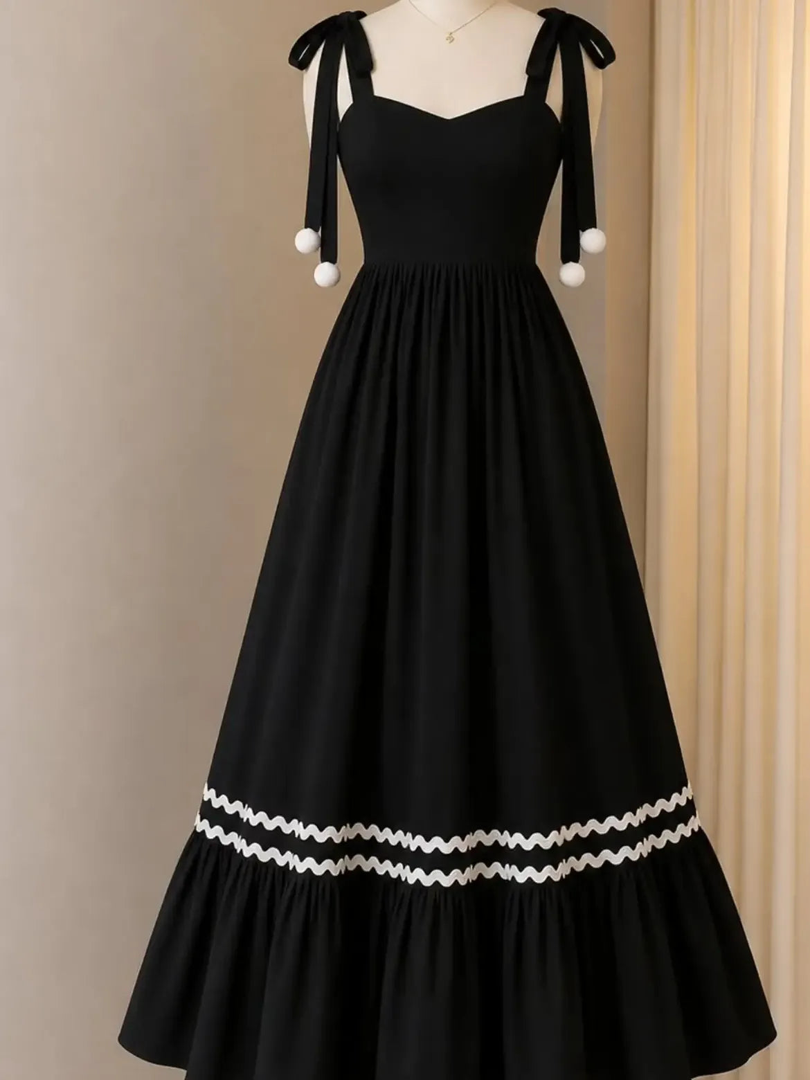 Black White Trim Tie Shoulder Maxi Dress