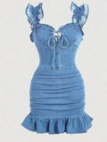 Blue Ruffle Strap Ruched Denim Dress