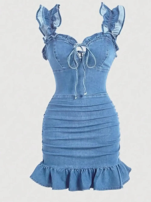 Blue Ruffle Strap Ruched Denim Dress