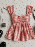 Red White Gingham Ruffle Strap Peplum Top