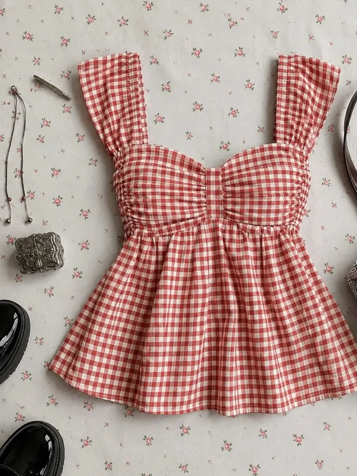 Red White Gingham Ruffle Strap Peplum Top
