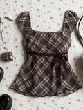 Brown Plaid Tie Waist Peplum Top
