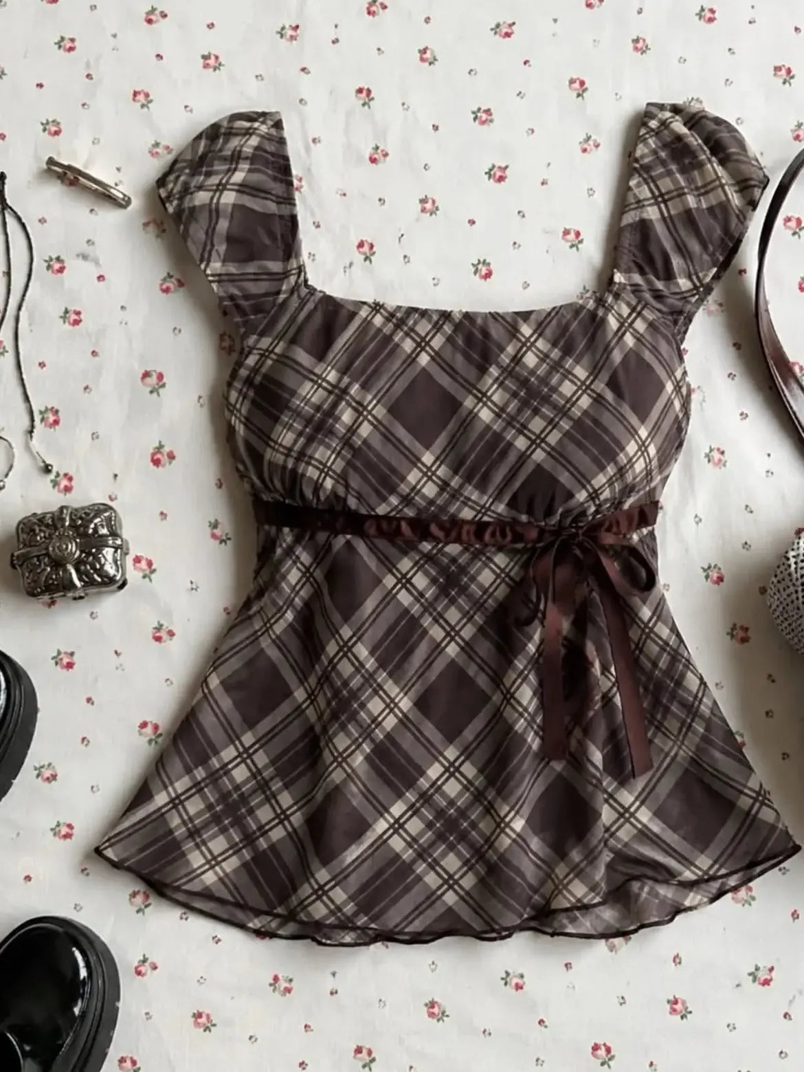 Brown Plaid Tie Waist Peplum Top