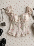 Cream Floral Puff Sleeve Ruffle Top