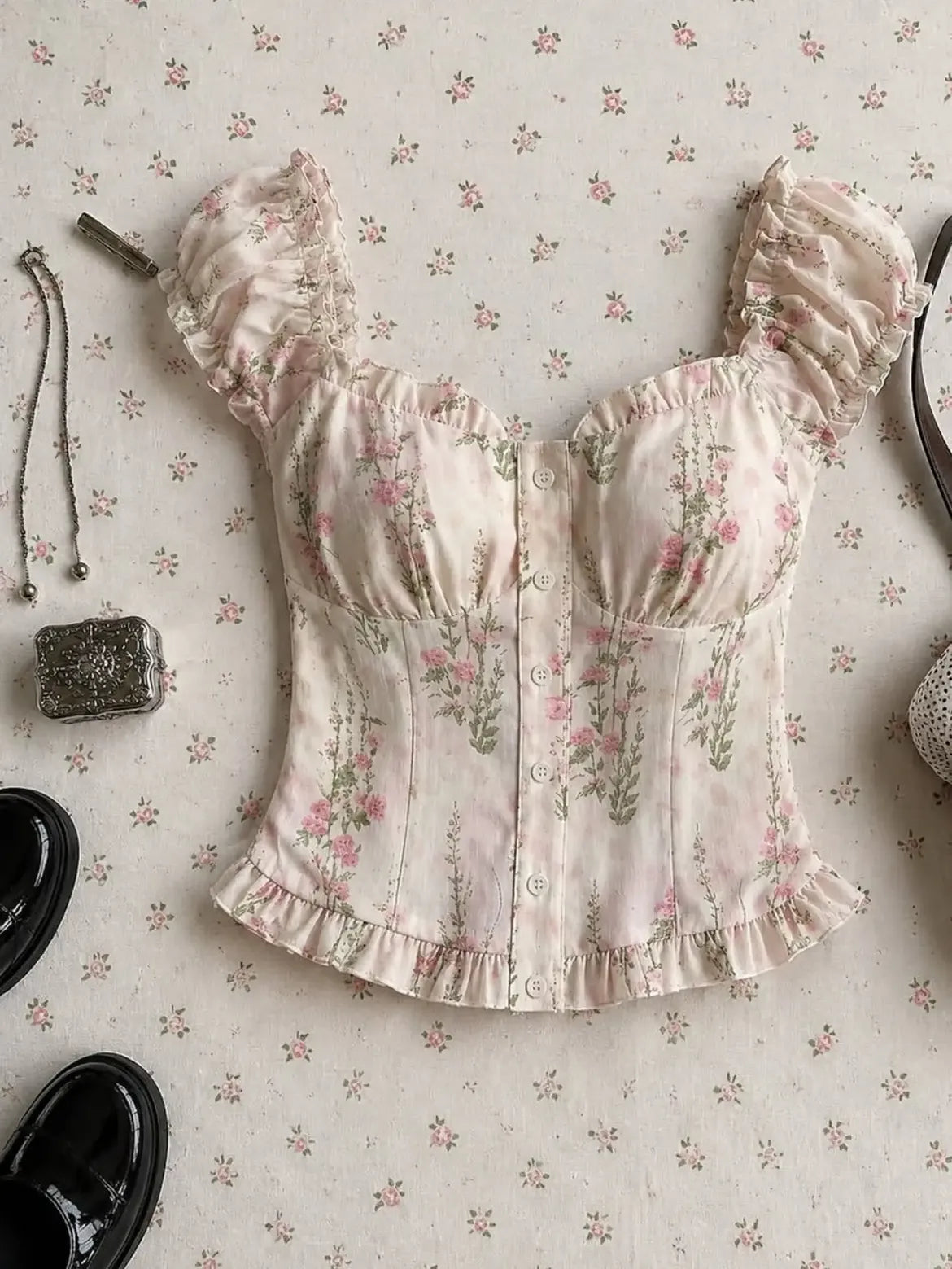 Cream Floral Puff Sleeve Ruffle Top