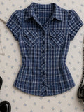 Navy Plaid Short Sleeve Button Shirt