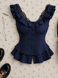 Navy Dotted Ruffle Strap Peplum Top