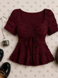 Burgundy Ruched Tie Front Peplum Top