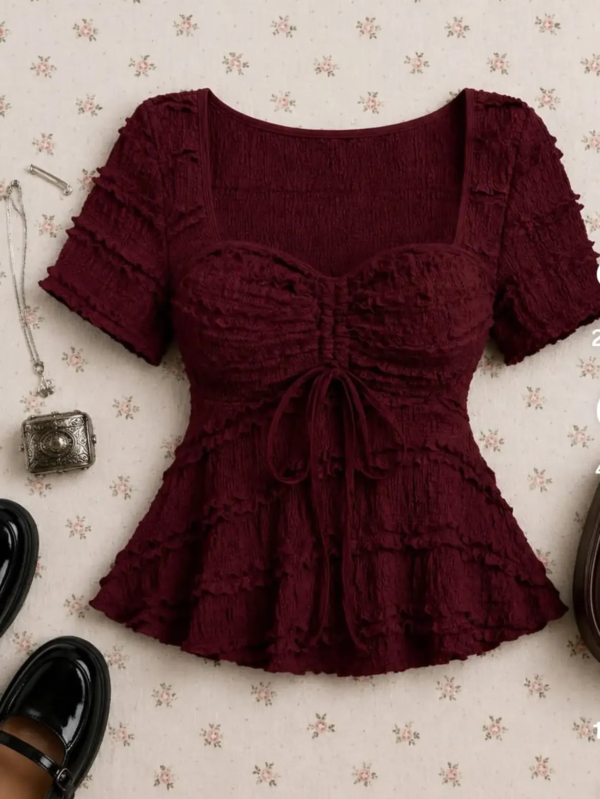 Burgundy Ruched Tie Front Peplum Top