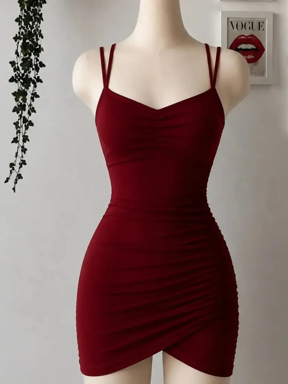 Burgundy Double Strap Ruched Mini Dress
