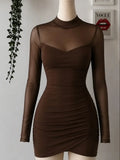 Chocolate Sheer Sleeve Ruched Mini Dress