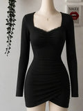 Black Lace Neck Ruched Mini Dress