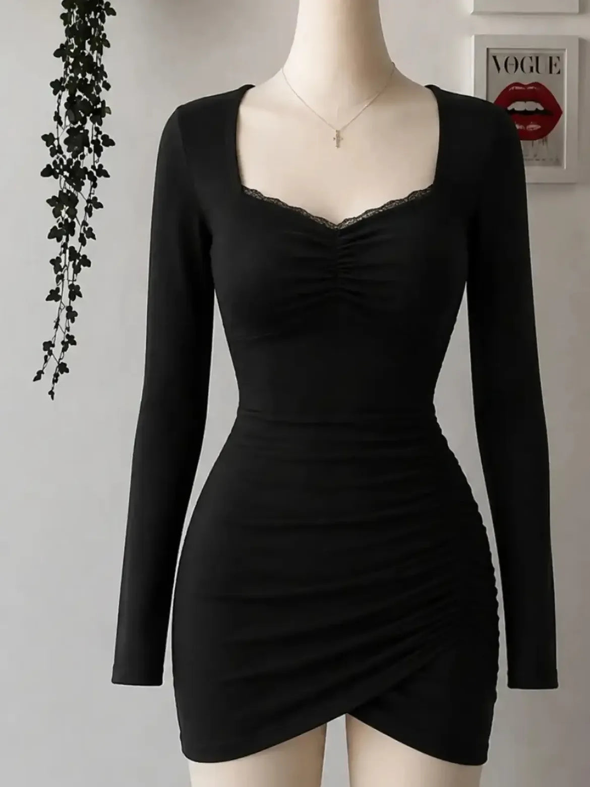 Black Lace Neck Ruched Mini Dress