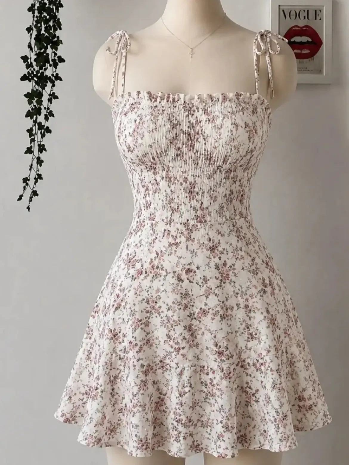 Cream Floral Tie Shoulder Flared Dress