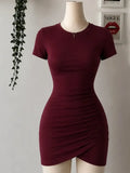 Burgundy Short Sleeve Ruched Mini Dress