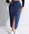 Dark Blue Front Slit Denim Midi Skirt