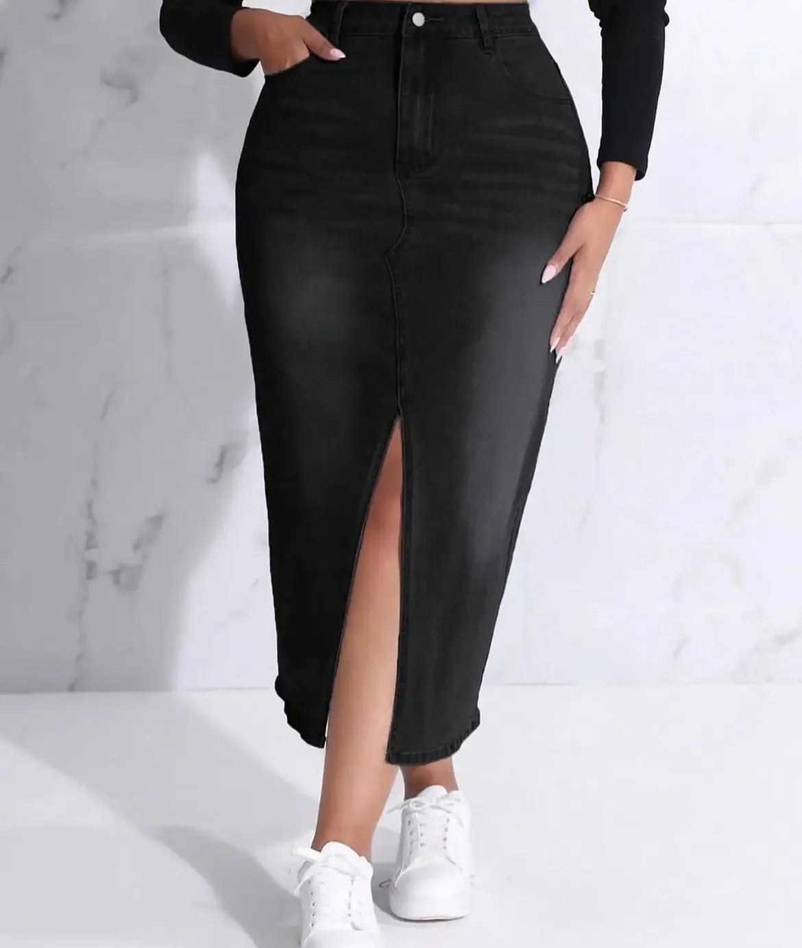 Dark Blue Front Slit Denim Midi Skirt