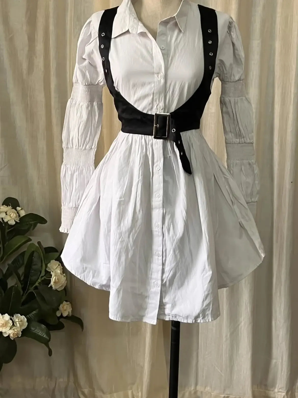 White Shirt Dress with Black Harness Belt