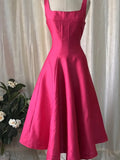 Hot Pink Square Neck Flared Midi Dress
