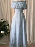 Light Blue Striped Off Shoulder Midi Dress