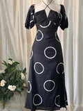 Black Circle Print Puff Sleeve Midi Dress