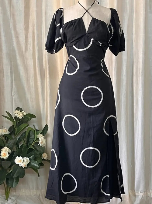 Black Circle Print Puff Sleeve Midi Dress