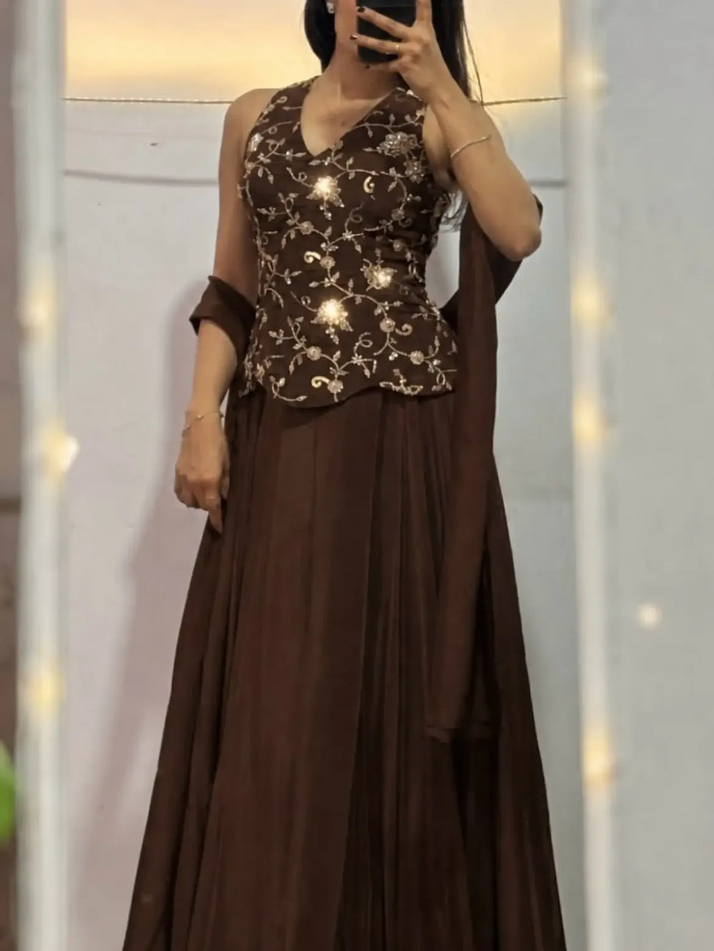 Brown Floral Embroidered Ethnic Outfit