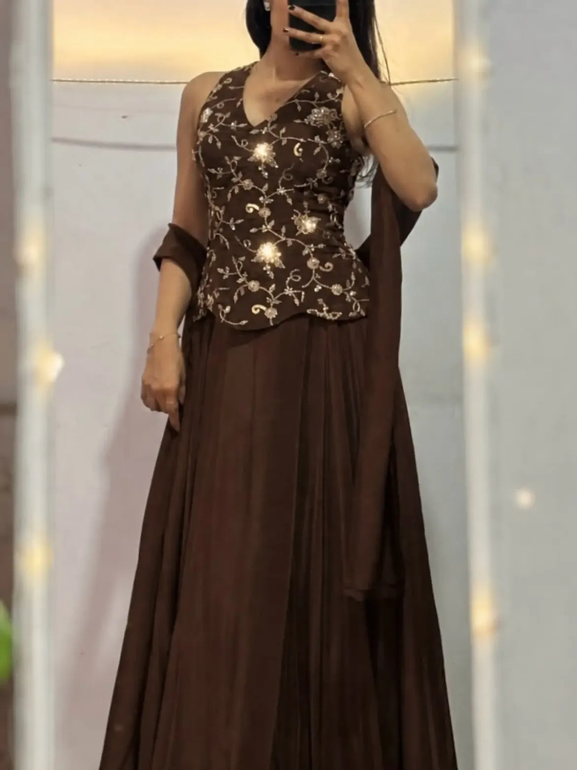 Brown Floral Embroidered Ethnic Outfit
