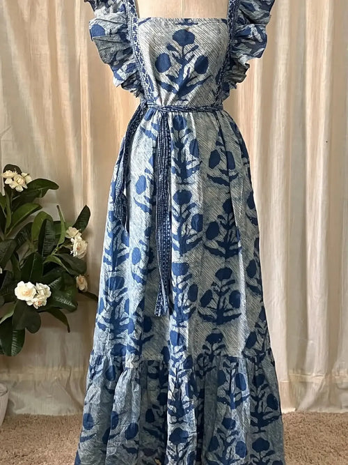 Blue Floral Ruffle Shoulder Maxi Dress