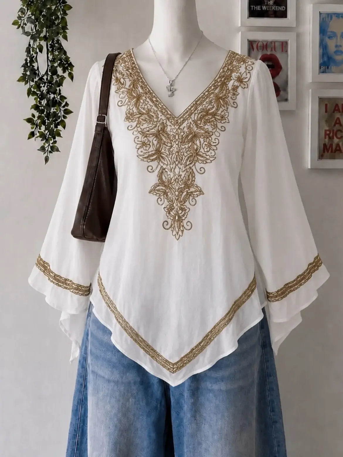 White Gold Embroidered Flared Sleeve Tunic