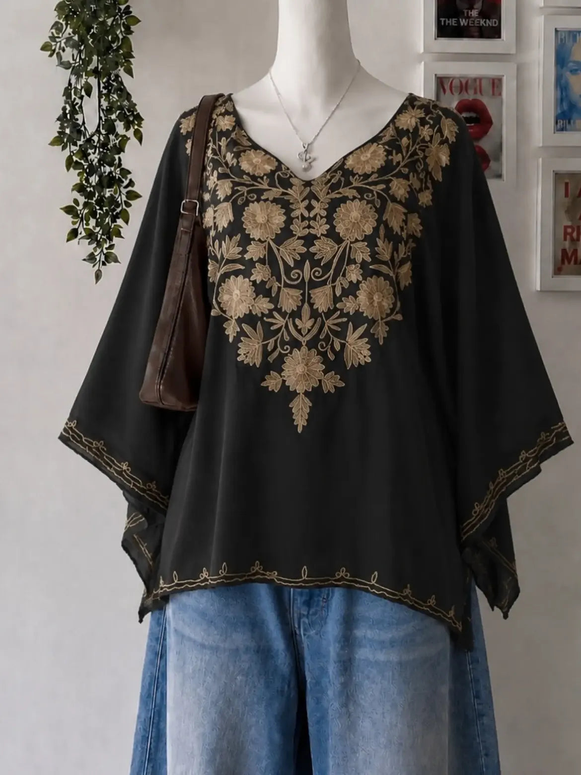 White Gold Embroidered Flared Sleeve Tunic