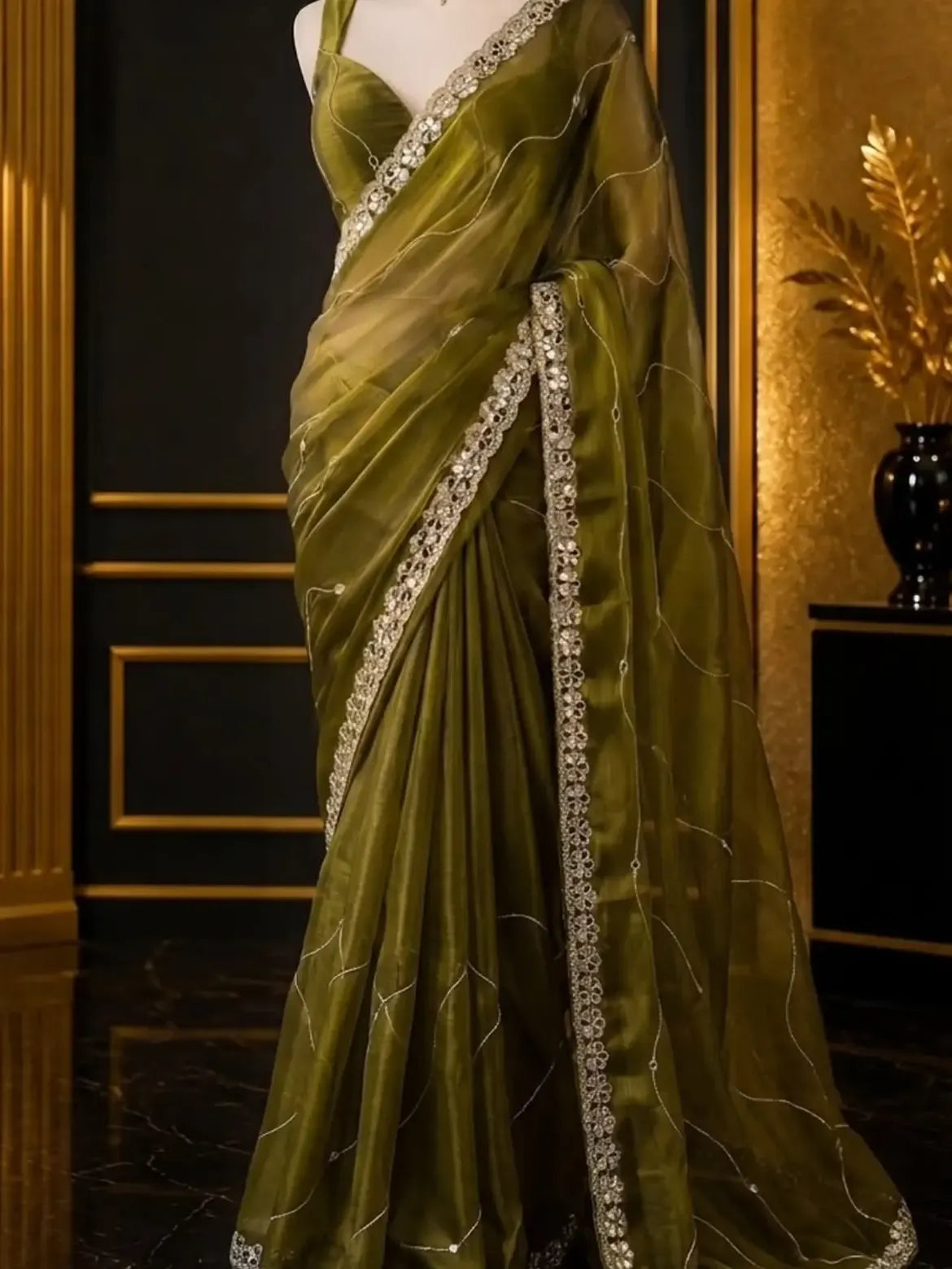Olive Green Embellished Border Saree