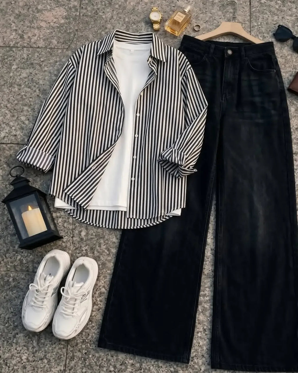Black White Striped Collared Shirt
