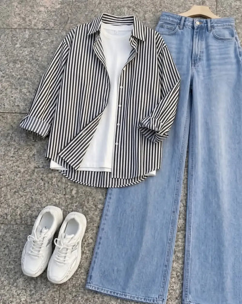 Black White Striped Collared Shirt
