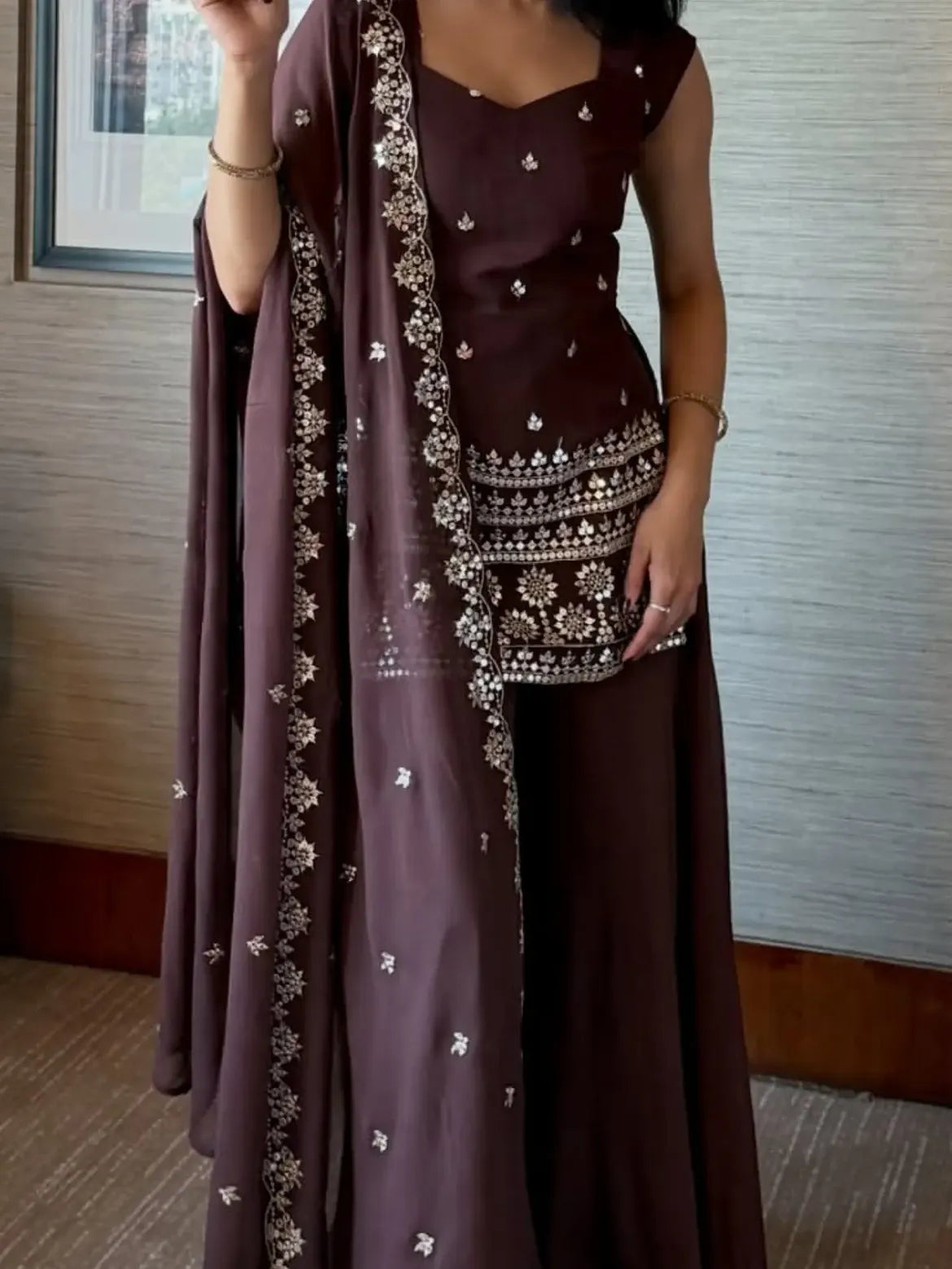 Burgundy V Neck Cape Sleeve Gown