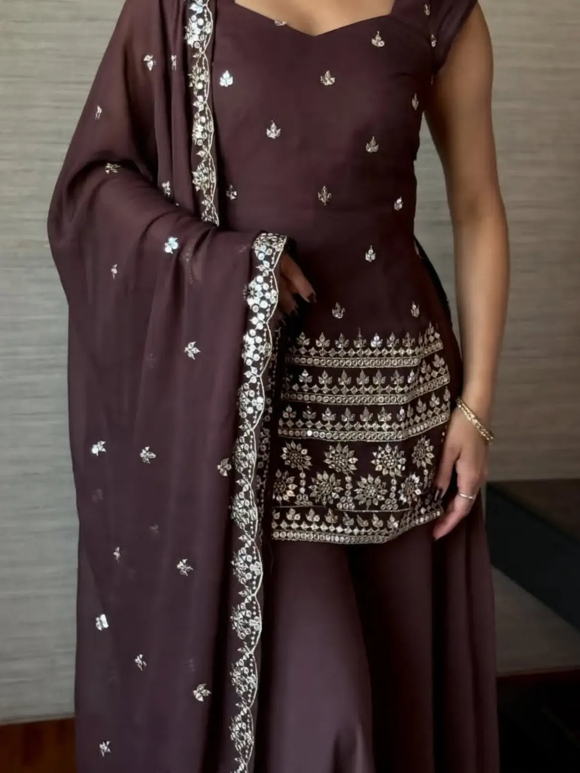 Burgundy V Neck Cape Sleeve Gown