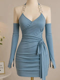 Dusty Blue Chain Strap Ruched Mini Dress
